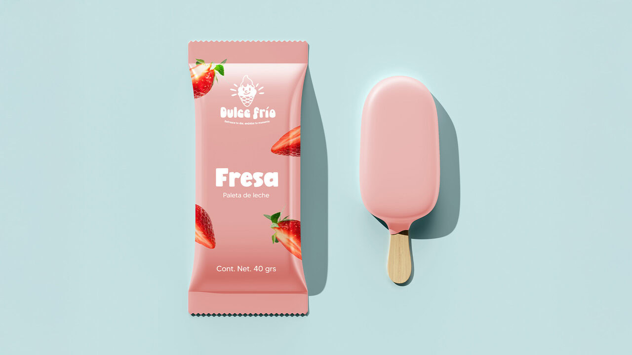 Paleta de fresa de Dulce Frío, mostrando el diseño de empaque con el logotipo, ilustraciones de fresas y texto descriptivo. El diseño utiliza un fondo rosa claro.