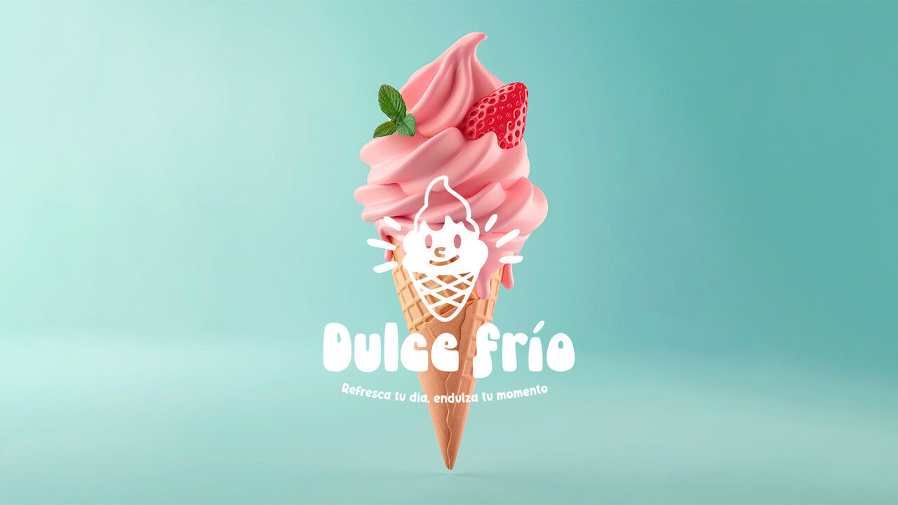 Cono de helado de fresa de Dulce Frío, con el logotipo de la marca y el eslogan 'Refresca tu día, endulza tu momento'. El diseño de publicidad utiliza un fondo azul claro.