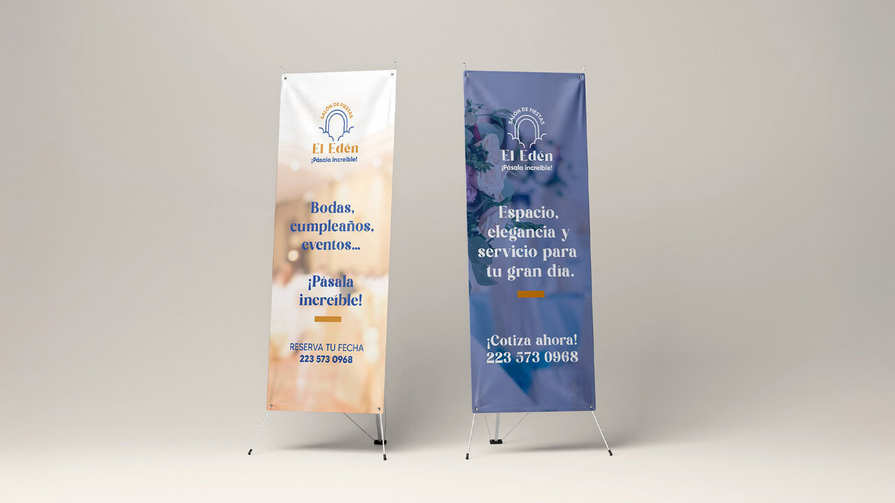 Dos banners publicitarios verticales de El Edén Salón de Fiestas. Diseño con el logotipo, eslogan y texto que promociona bodas, cumpleaños y eventos. Publicidad para eventos.