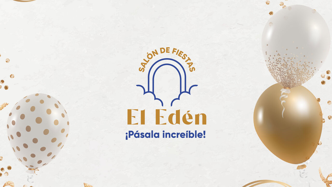 Logotipo de El Edén Salón de Fiestas con globos y confeti como fondo. Diseño festivo para promoción de eventos.