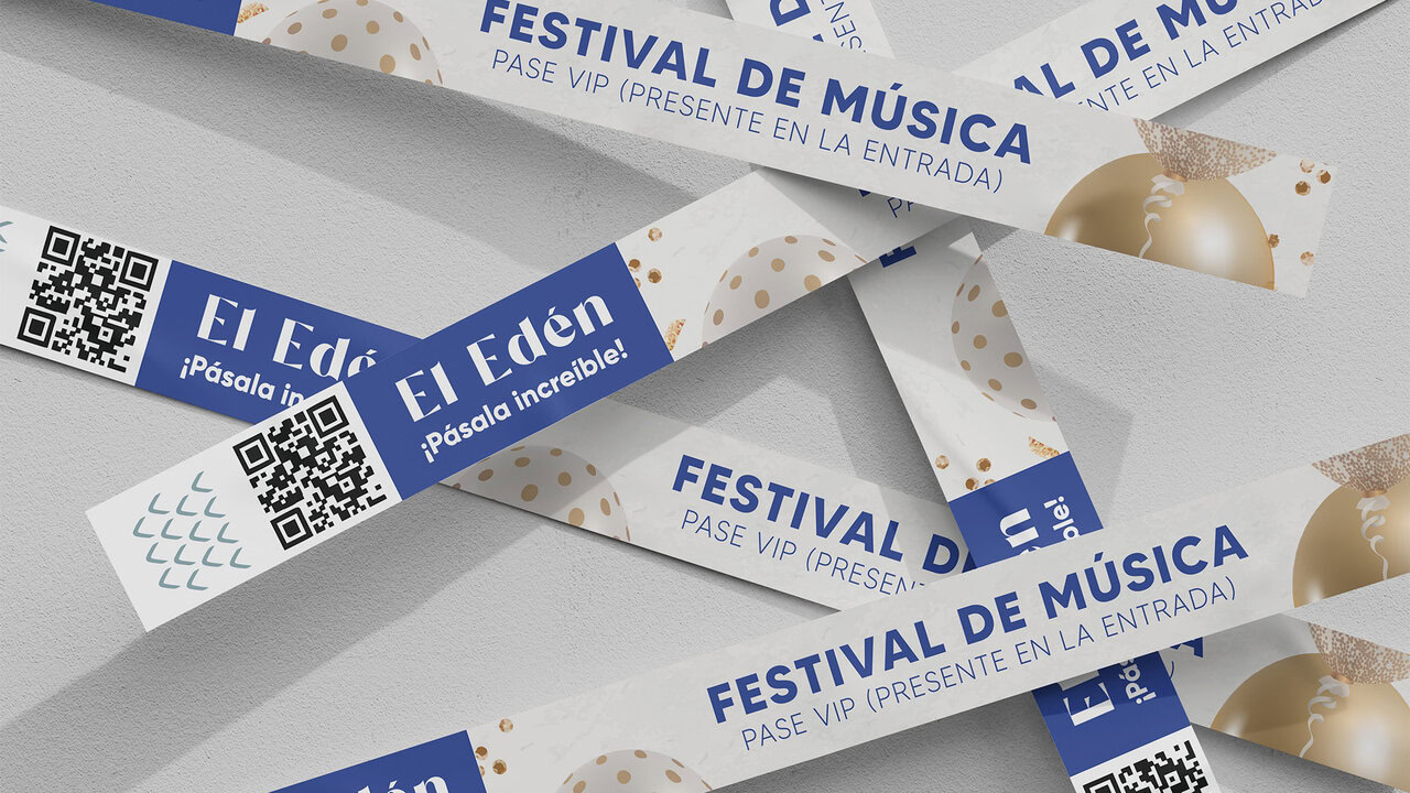 Pulseras o brazaletes de acceso para eventos en El Edén Salón de Fiestas. Diseño con el logotipo, eslogan y código QR. Identificación para eventos.