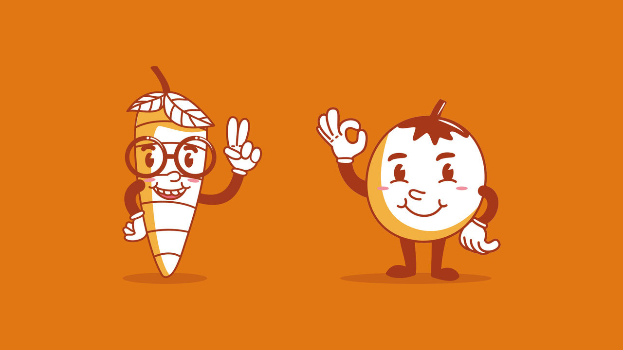 Dos personajes: una zanahoria con lente y un tomate sobre un fondo naranja, el dibujo es estilo retro de los años 30.