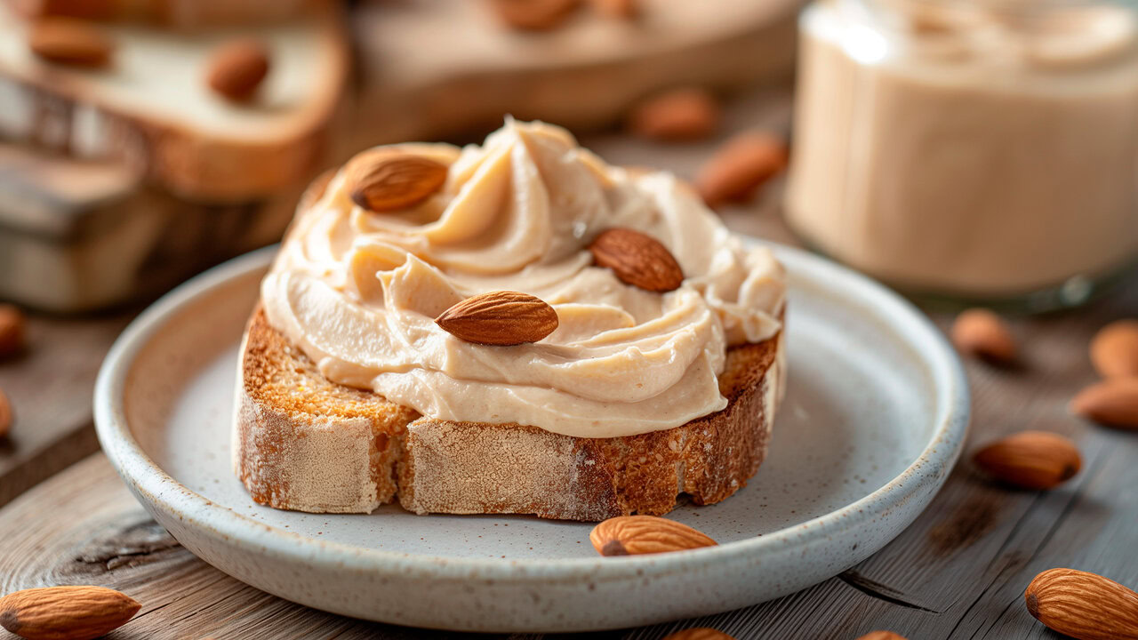 Rebana de pan tostado con una crema de almendra encima.